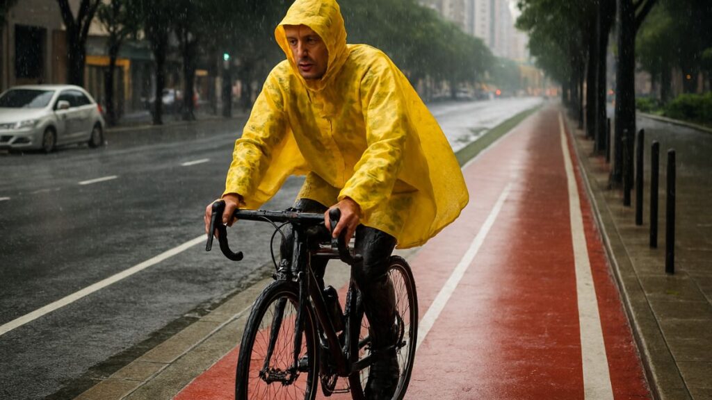 ciclista pedalando na chuva com capa protetora