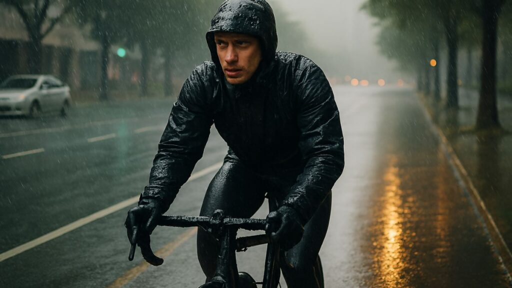 ciclista preparado para pedalar na chuva com roupas impermeáveis