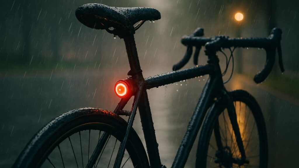 luz de segurança em bicicleta pedalando na chuva