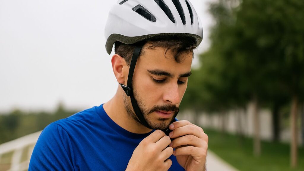 Ciclista iniciante ajustando o capacete