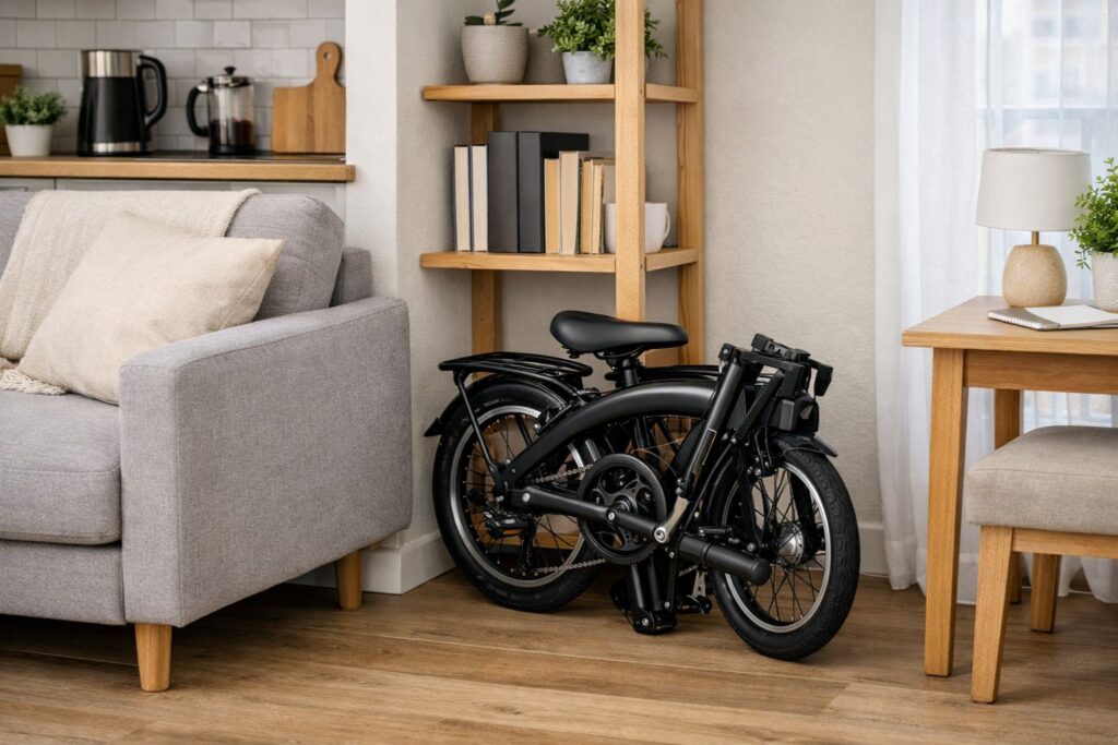 Bicicleta dobrável armazenada em espaço compacto