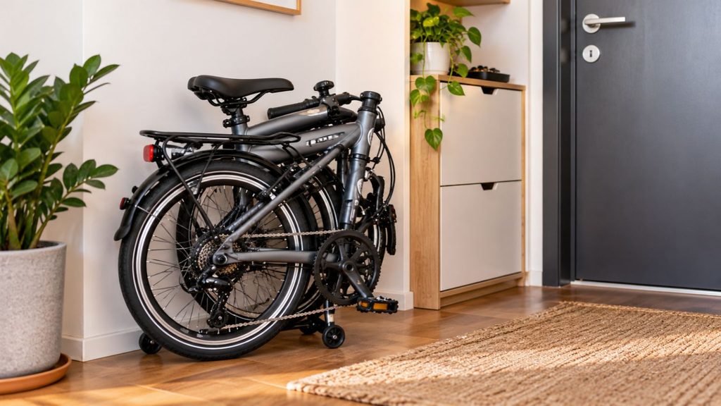 Bicicleta dobrável preta guardada em um apartamento compacto, mostrando como economiza espaço no armazenamento doméstico.