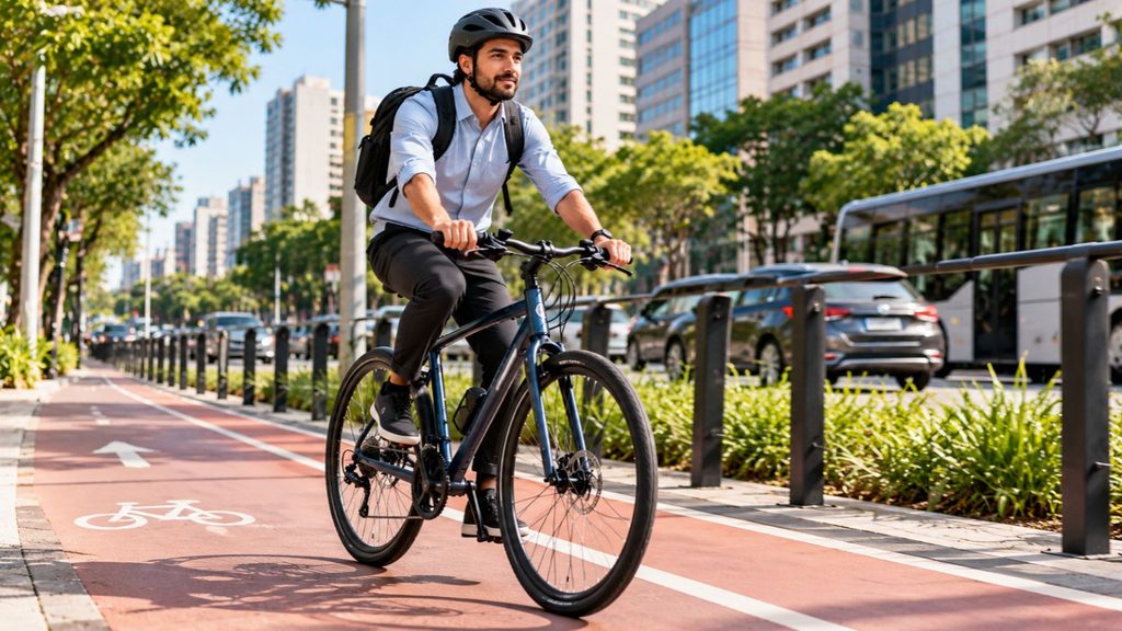 Ciclista usando capacete e mochila pedala uma bicicleta convencional em uma ciclovia protegida em ambiente urbano.