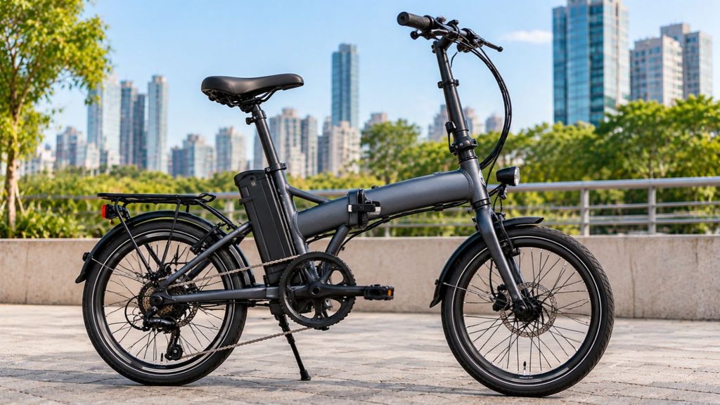 Bicicleta elétrica dobrável preta com bateria integrada, rodas compactas, freios a disco e bagageiro, estacionada em uma praça urbana.