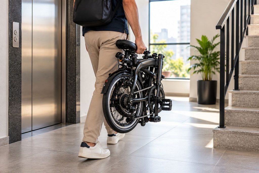 Homem transportando uma bicicleta dobrável preta em corredor de prédio residencial, próximo ao elevador e à escada.