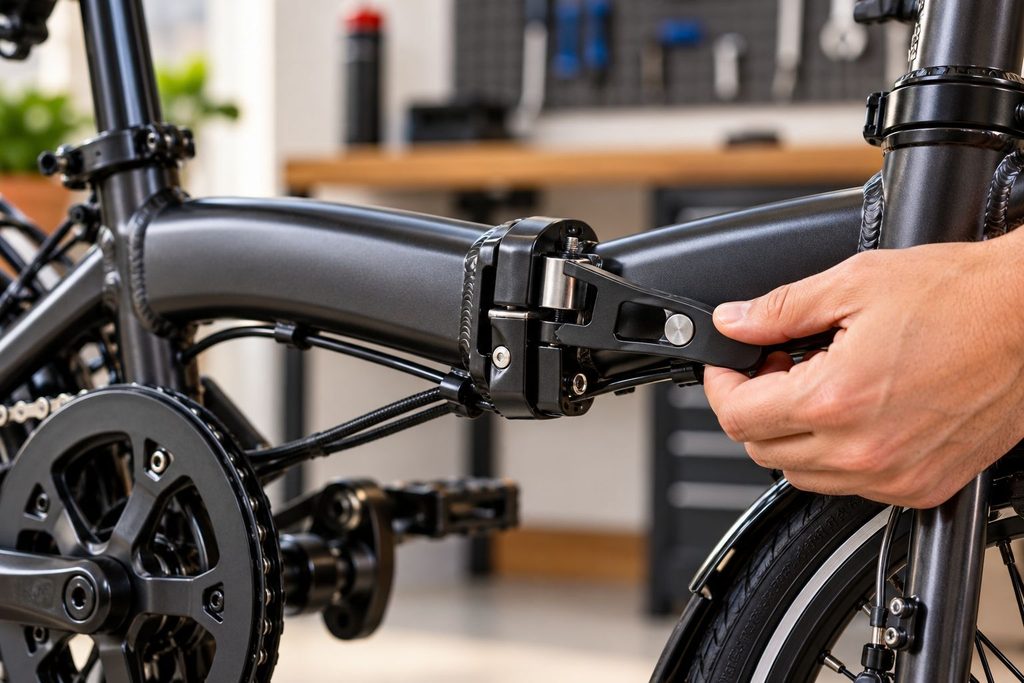 Detalhe do mecanismo de dobragem e da trava de segurança no quadro de uma bicicleta dobrável preta, com uma mão verificando o fechamento da articulação.
