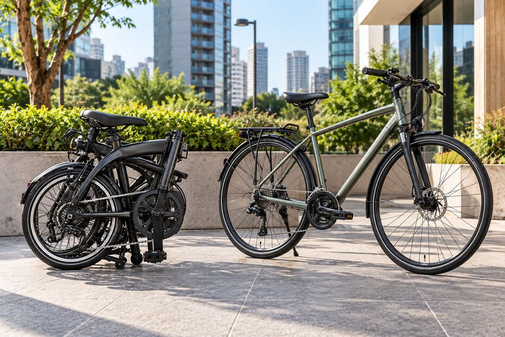 Bicicleta dobrável preta e bicicleta convencional verde lado a lado em um ambiente urbano, ilustrando as diferenças de tamanho e estrutura entre os dois modelos.