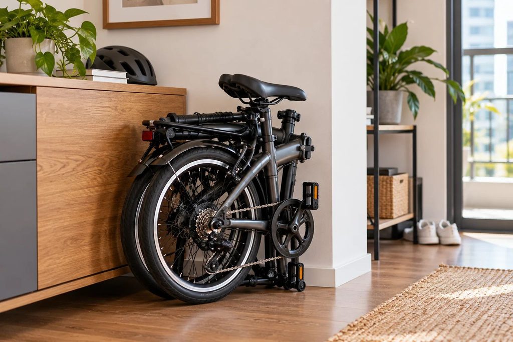 Bicicleta dobrável preta fechada e guardada ao lado de um móvel em um apartamento compacto.