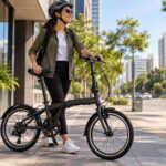 Mulher usando capacete ao lado de uma bicicleta dobrável preta em uma calçada urbana arborizada.