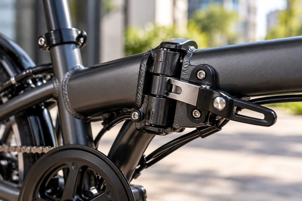 Detalhe da dobradiça e da trava metálica no quadro de uma bicicleta dobrável preta.
