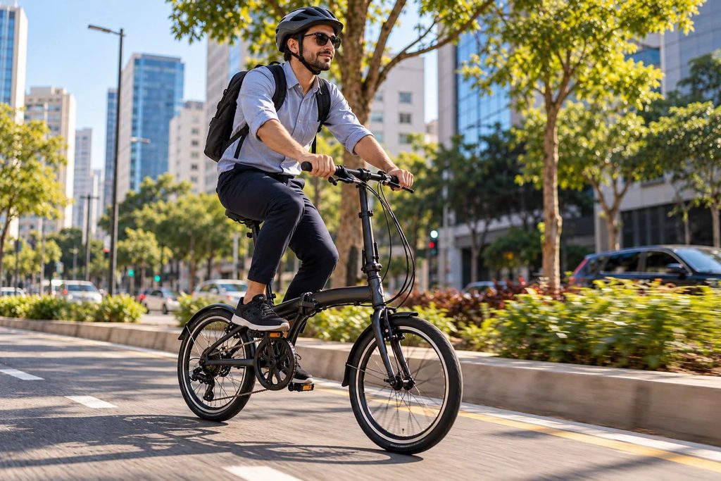Homem usando capacete e mochila pedalando uma bicicleta dobrável preta em uma ciclovia urbana.