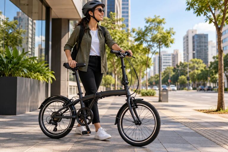 Mulher usando capacete ao lado de uma bicicleta dobrável preta em uma calçada urbana arborizada.