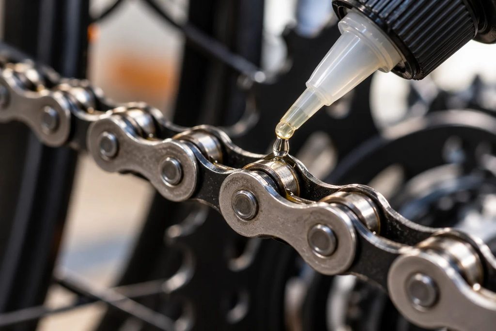 Aplicação de uma gota de lubrificante no rolete da corrente de bicicleta durante a manutenção.