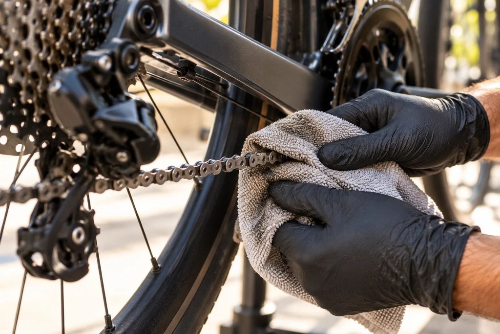 Mãos com luvas removendo o excesso de lubrificante da corrente de uma bicicleta com um pano de microfibra.