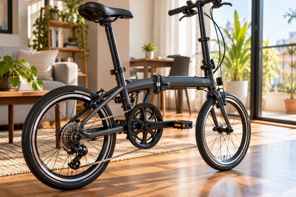 Bicicleta dobrável urbana preta em apartamento iluminado, com quadro compacto e corrente visíveis.