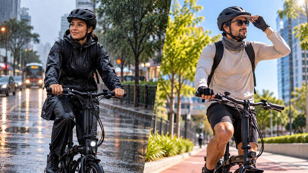 Ciclistas urbanos utilizando capa de chuva e proteção contra o sol durante deslocamentos de bicicleta.