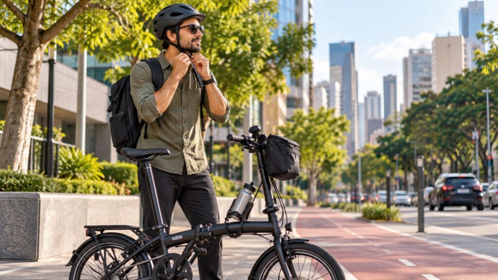 Ciclista urbano ajustando o capacete ao lado de uma bicicleta dobrável antes de pedalar pela cidade.