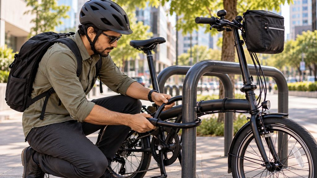 Ciclista prendendo uma bicicleta dobrável a um suporte urbano com cadeado tipo U para evitar furtos.
