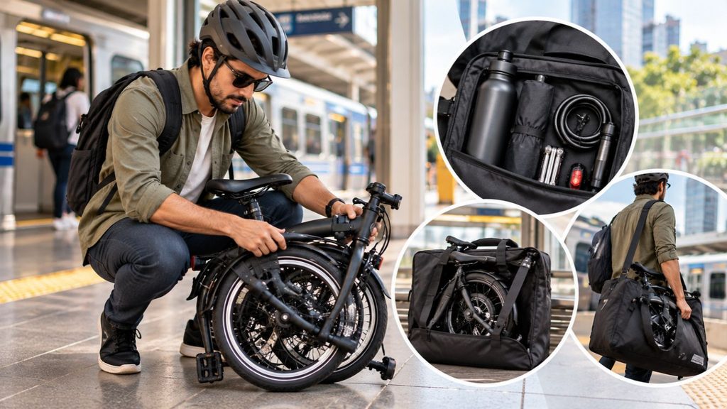 Ciclista organizando acessórios compactos e dobrando uma bicicleta dobrável para combinar o deslocamento de bicicleta com o transporte público.