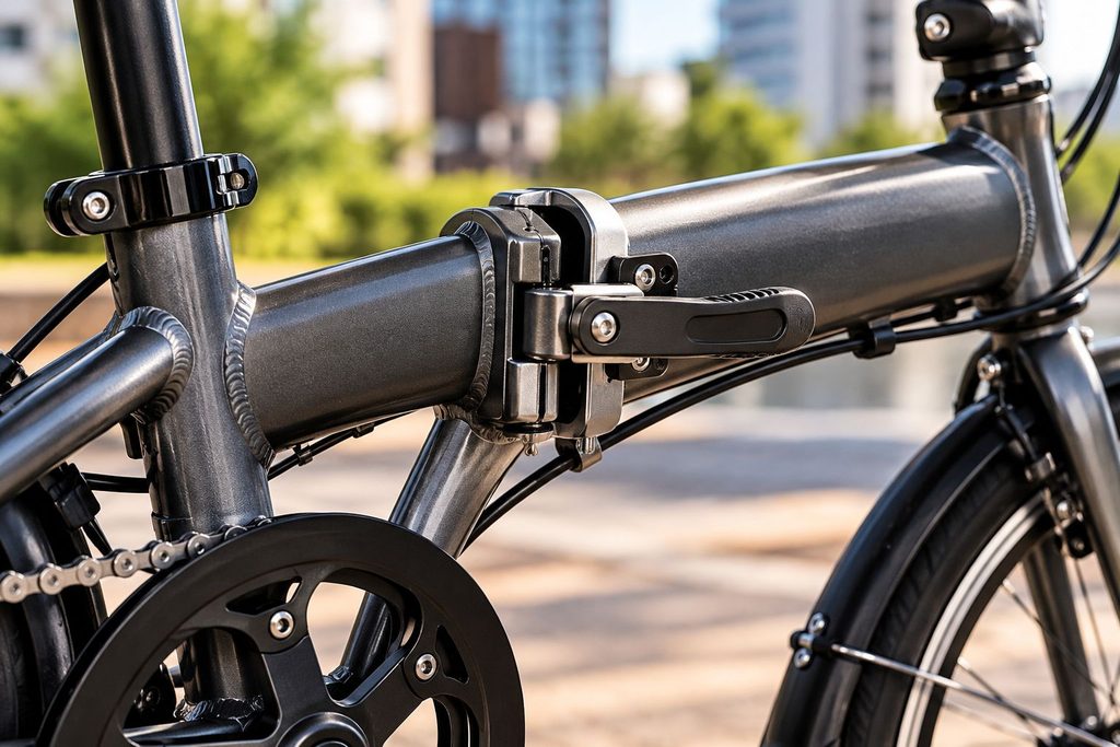 Detalhe do mecanismo de dobragem de uma bicicleta dobrável urbana