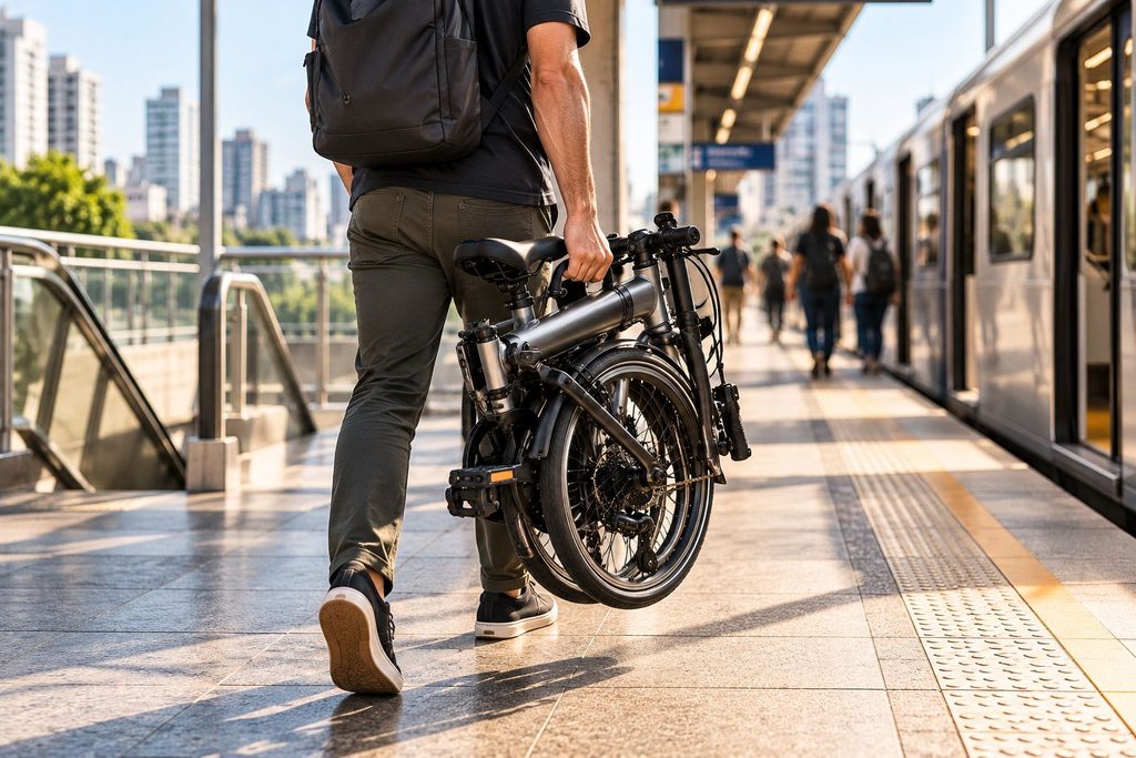 Ciclista carregando bicicleta dobrável em estação de transporte urbano